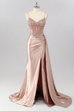 Blush Corset Beaded Mermaid Long Prom Dress with Slit