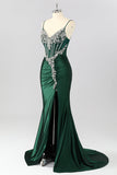 Sparkly Dark Green Mermaid Corset Long Prom Dress with Beading