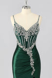 Sparkly Dark Green Mermaid Corset Long Prom Dress with Beading