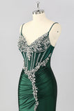 Sparkly Dark Green Mermaid Corset Long Prom Dress with Beading