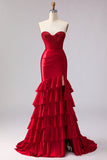Tiered Red Mermaid Satin Ruffled Long Corset Prom Dress with Slit