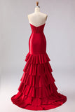 Tiered Red Mermaid Satin Ruffled Long Corset Prom Dress with Slit