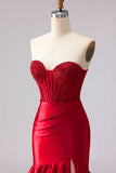 Tiered Red Mermaid Satin Ruffled Long Corset Prom Dress with Slit