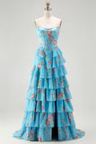Floral Dark Blue Strapless A Line Long Corset Prom Dress with Ruffles