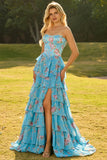 Floral Blue Ruffled Tiered Maxi Corset Prom Dress with Slit