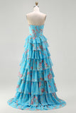Floral Dark Blue Strapless A Line Long Corset Prom Dress with Ruffles