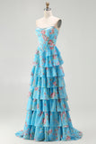 Floral Dark Blue Strapless A Line Long Corset Prom Dress with Ruffles