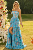Floral Blue Ruffled Tiered Maxi Corset Prom Dress with Slit
