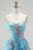 Floral Dark Blue Strapless A Line Long Corset Prom Dress with Ruffles