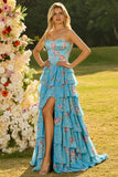 Floral Blue Ruffled Tiered Maxi Corset Prom Dress with Slit