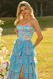 Floral Blue Ruffled Tiered Maxi Corset Prom Dress with Slit