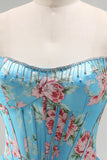 Floral Dark Blue Strapless A Line Long Corset Prom Dress with Ruffles