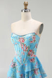 Floral Dark Blue Strapless A Line Long Corset Prom Dress with Ruffles