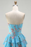 Floral Dark Blue Strapless A Line Long Corset Prom Dress with Ruffles