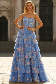 Floral Dark Blue Strapless A Line Long Corset Prom Dress with Ruffles