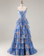 Floral Dark Blue Strapless A Line Long Corset Prom Dress with Ruffles