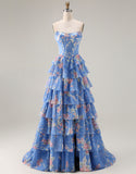 Floral Blue Ruffled Tiered Maxi Corset Prom Dress with Slit
