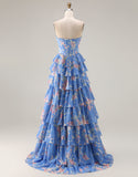 Floral Blue Ruffled Tiered Maxi Corset Prom Dress with Slit