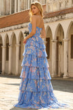 Floral Dark Blue Strapless A Line Long Corset Prom Dress with Ruffles