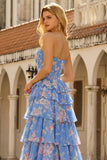 Floral Dark Blue Strapless A Line Long Corset Prom Dress with Ruffles