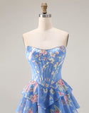 Floral Dark Blue Strapless A Line Long Corset Prom Dress with Ruffles