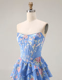 Floral Dark Blue Strapless A Line Long Corset Prom Dress with Ruffles