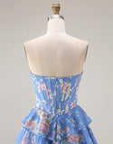 Floral Dark Blue Strapless A Line Long Corset Prom Dress with Ruffles