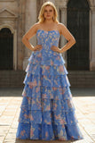Blue Floral A Line Tiered Long Corset Prom Dress with Slit