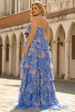 Blue Floral A Line Tiered Long Corset Prom Dress with Slit