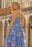 Blue Floral A Line Tiered Long Corset Prom Dress with Slit