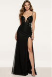 Sparkly Spaghetti Straps Mermaid Long Black Formal Dress with Beading