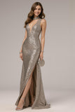 Sparkly Dark Silver Mermaid Sequin V-Neck Long Formal Dress with Slit