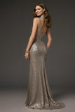 Sparkly Dark Silver Mermaid Sequin V-Neck Long Formal Dress with Slit