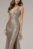Sparkly Dark Silver Mermaid Sequin V-Neck Long Formal Dress with Slit