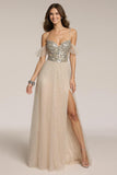 Sparkly Champagne Spaghetti Straps Sequin A-Line Maxi Formal Dress with Slit