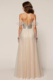 Sparkly Champagne Spaghetti Straps Sequin A-Line Maxi Formal Dress with Slit