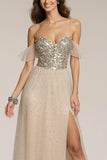 Sparkly Champagne Spaghetti Straps Sequin A-Line Maxi Formal Dress with Slit