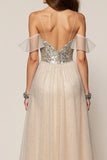 Sparkly Champagne Spaghetti Straps Sequin A-Line Maxi Formal Dress with Slit