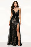 Sparkly Black Spaghetti Straps Mermaid Long Sequin Formal Dress with Bow
