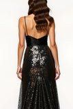 Sparkly Black Spaghetti Straps Mermaid Long Sequin Formal Dress with Bow