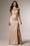 Champagne Spaghetti Straps Ruched Mermaid Maxi Formal Dress with Slit