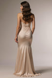 Champagne Spaghetti Straps Ruched Mermaid Maxi Formal Dress with Slit