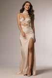 Champagne Spaghetti Straps Ruched Mermaid Maxi Formal Dress with Slit