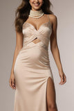 Champagne Spaghetti Straps Ruched Mermaid Maxi Formal Dress with Slit