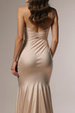 Champagne Spaghetti Straps Ruched Mermaid Maxi Formal Dress with Slit