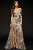 Sparkly Champagne V-Neck Mermaid Long Floral Formal Dress with Beading