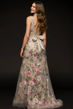 Sparkly Champagne V-Neck Mermaid Long Floral Formal Dress with Beading