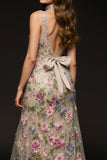 Sparkly Champagne V-Neck Mermaid Long Floral Formal Dress with Beading