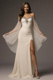 Sparkly Ivory Mermaid Off the Shoulder Long Formal Dress with Cape