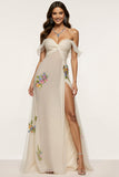 Sparkly Ivory Floral Off the Shoulder Mermaid Maxi Formal Dress with Slit